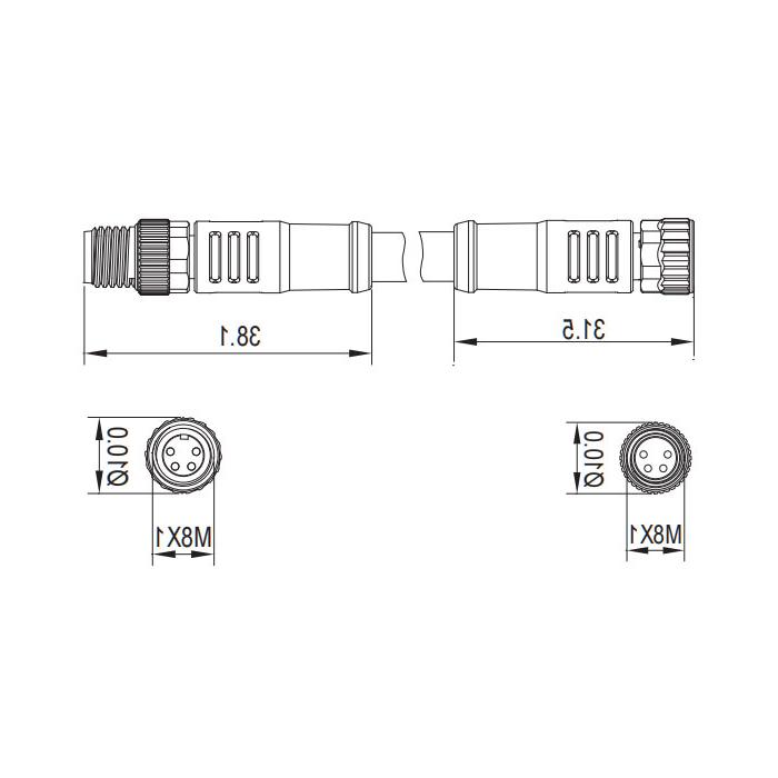 M8 4-PIN, female straight turn male straight, double end precast PUR flexible cable, shielded, black sheath, 63D125-XXX