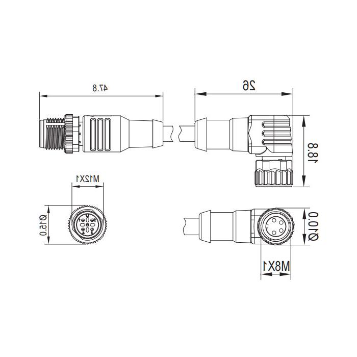 M8 to M12 4Pin, M8 female 90° to M12 male straight, double-ended precast PUR flexible cable, black sheath, 63D281-XXX 